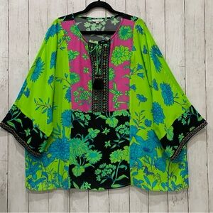 John Mark Embroidered Boho Top Women 2X Tassel Floral Multicolor Kimono Sleeve